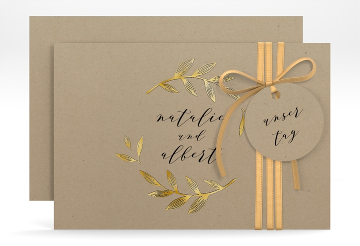 Save the Date-Karte Naturelove A6 Karte quer schwarz gold in Kraftpapier-Optik mit Blattzeichnung