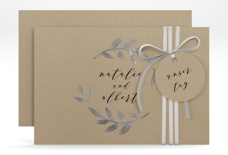 Save the Date-Karte Naturelove A6 Karte quer schwarz silber in Kraftpapier-Optik mit Blattzeichnung