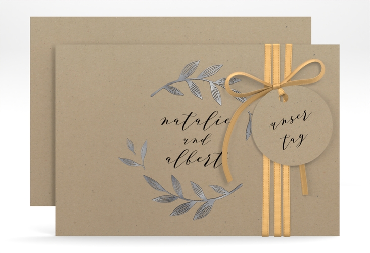 Save the Date-Karte Naturelove A6 Karte quer schwarz silber in Kraftpapier-Optik mit Blattzeichnung