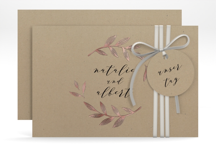 Save the Date-Karte Naturelove A6 Karte quer schwarz rosegold in Kraftpapier-Optik mit Blattzeichnung