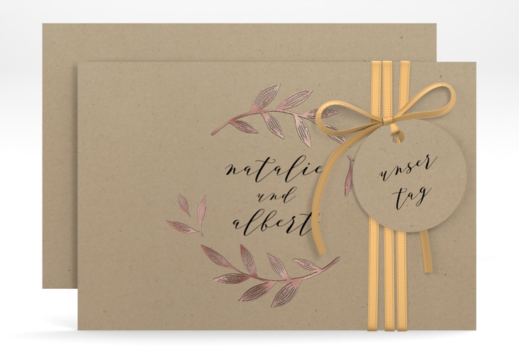 Save the Date-Karte Naturelove A6 Karte quer schwarz rosegold in Kraftpapier-Optik mit Blattzeichnung