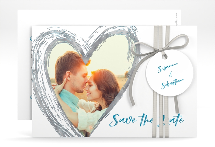 Save the Date-Karte Liebe A6 Karte quer tuerkis silber