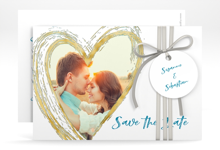 Save the Date-Karte Liebe A6 Karte quer tuerkis gold