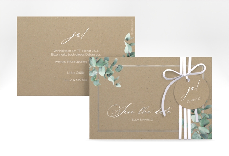 Save the Date-Karte Eucalypt A6 Karte quer Kraftpapier silber mit Eukalyptus und edlem Rahmen