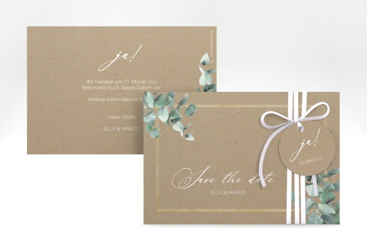 Save the Date-Karte Eucalypt A6 Karte quer Kraftpapier gold mit Eukalyptus und edlem Rahmen