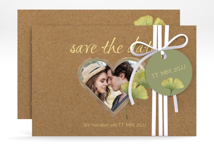 Save the Date-Karte Ginko A6 Karte quer Kraftpapier rosegold mit Herz und zwei Ginkgo-Blättern
