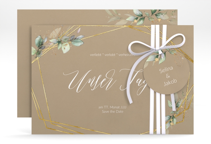 Save the Date-Karte Greenish A6 Karte quer Kraftpapier gold