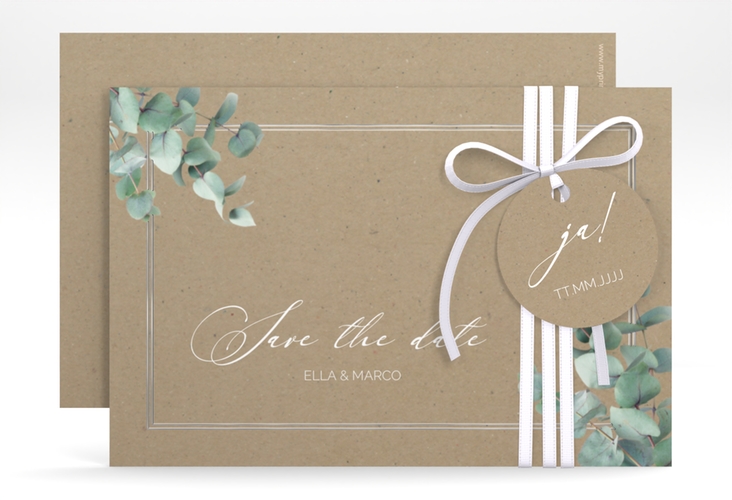 Save the Date-Karte Eucalypt A6 Karte quer Kraftpapier silber mit Eukalyptus und edlem Rahmen