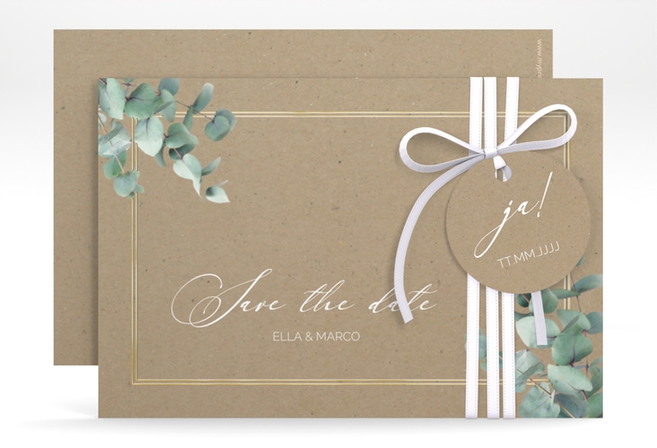 Save the Date-Karte Eucalypt A6 Karte quer Kraftpapier gold mit Eukalyptus und edlem Rahmen