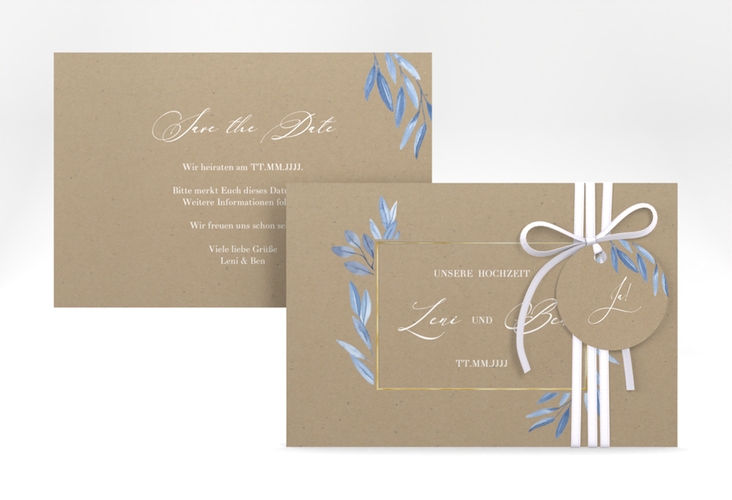 Save the Date-Karte Classicblue A6 Karte quer Kraftpapier gold