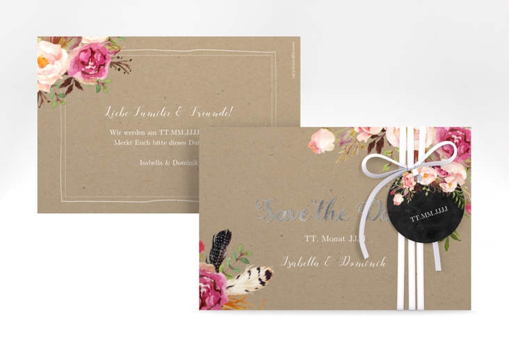 Save the Date-Karte Flowers A6 Karte quer Kraftpapier silber mit bunten Aquarell-Blumen