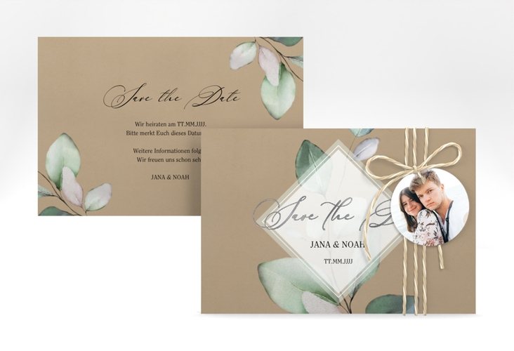 Save the Date-Karte Foglia A6 Karte quer Kraftpapier silber edel mit Eukalyptus im Aquarell-Design