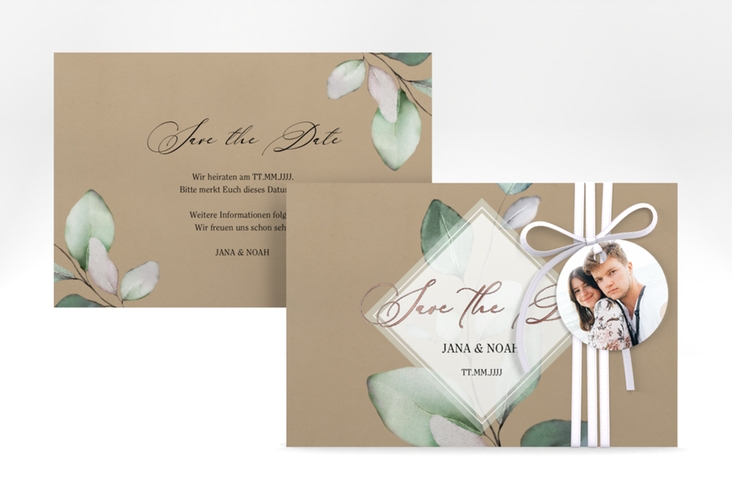 Save the Date-Karte Foglia A6 Karte quer Kraftpapier rosegold edel mit Eukalyptus im Aquarell-Design