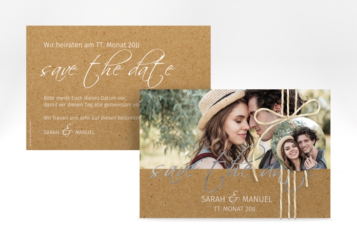 Save the Date-Karte Big Picture A6 Karte quer Kraftpapier silber mit Foto des Brautpaars