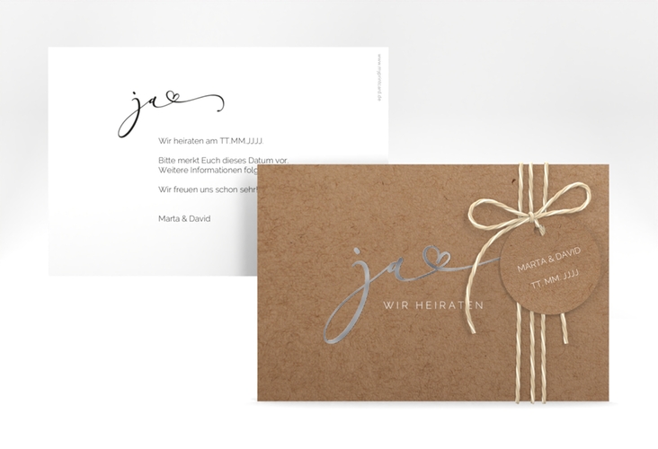 Save the Date-Karte Jawort A6 Karte quer Kraftpapier silber modern minimalistisch mit veredelter Aufschrift