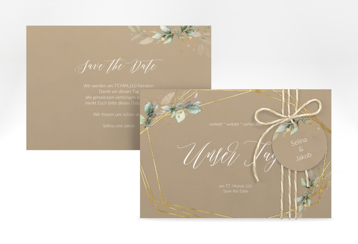 Save the Date-Karte Greenish A6 Karte quer Kraftpapier gold