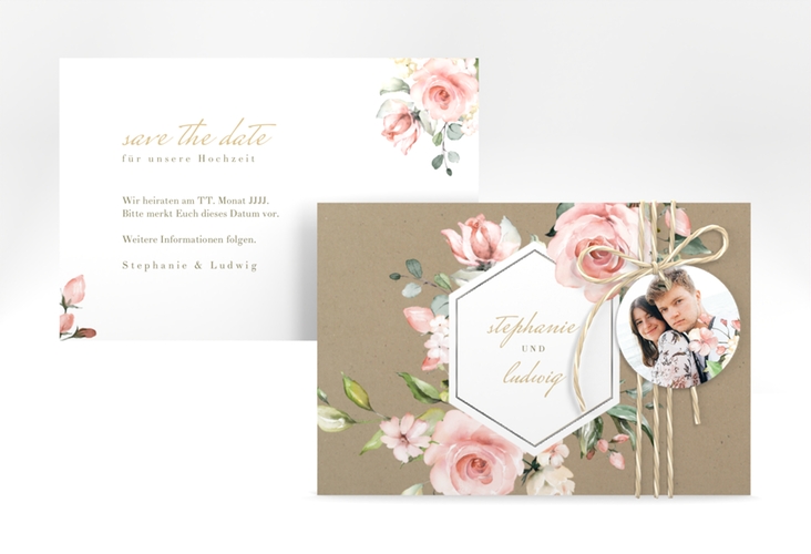 Save the Date-Karte Graceful A6 Karte quer Kraftpapier silber mit Rosenblüten in Rosa und Weiß