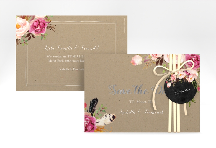 Save the Date-Karte Flowers A6 Karte quer Kraftpapier silber mit bunten Aquarell-Blumen