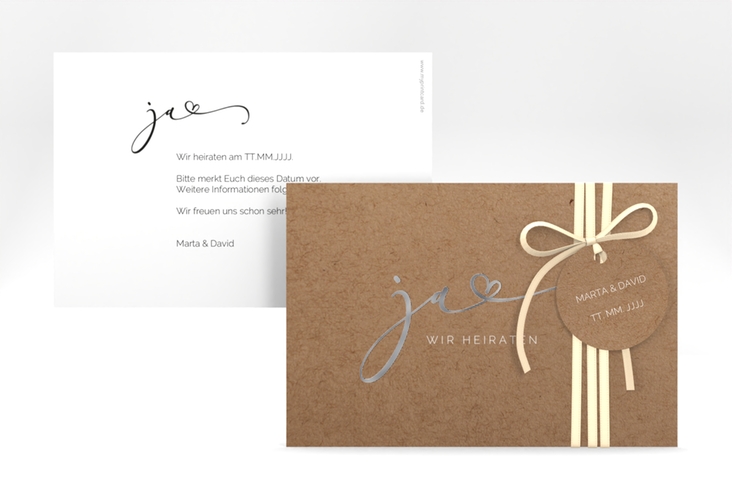 Save the Date-Karte Jawort A6 Karte quer Kraftpapier silber modern minimalistisch mit veredelter Aufschrift