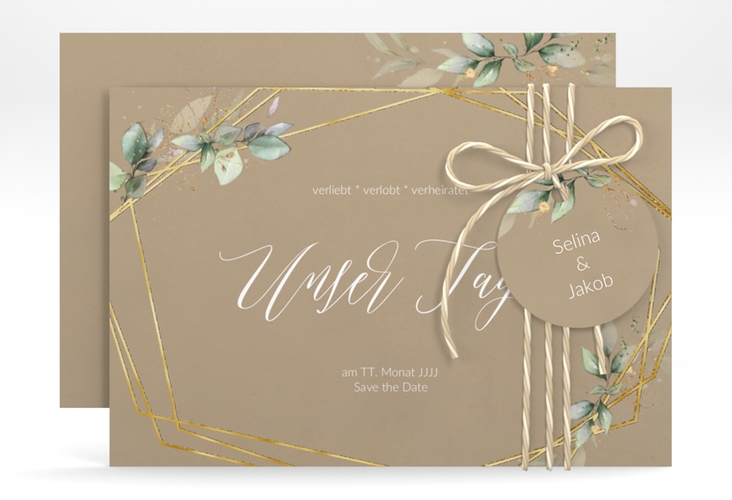 Save the Date-Karte Greenish A6 Karte quer Kraftpapier gold