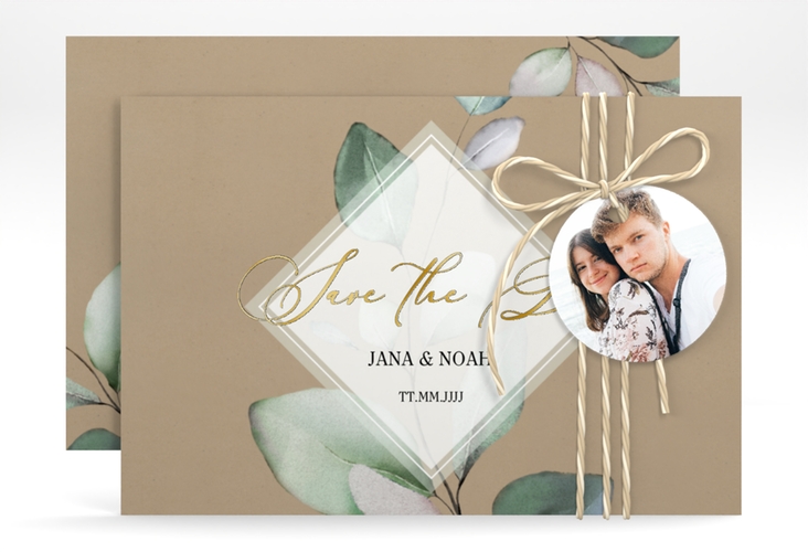 Save the Date-Karte Foglia A6 Karte quer Kraftpapier gold edel mit Eukalyptus im Aquarell-Design