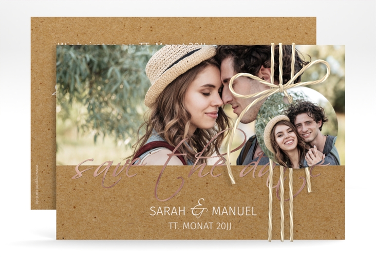 Save the Date-Karte Big Picture A6 Karte quer Kraftpapier rosegold mit Foto des Brautpaars