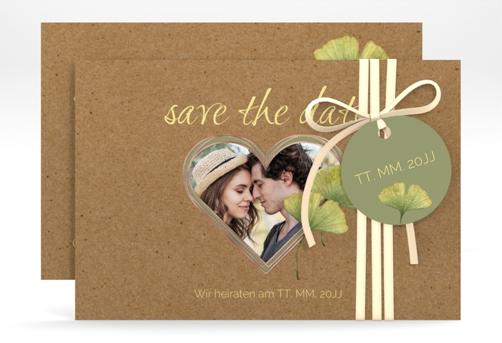 Save the Date-Karte Ginko A6 Karte quer Kraftpapier rosegold mit Herz und zwei Ginkgo-Blättern