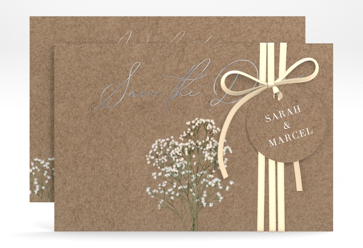 Save the Date-Karte Schleierkraut A6 Karte quer Kraftpapier silber