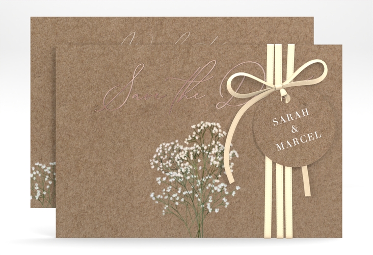 Save the Date-Karte Schleierkraut A6 Karte quer Kraftpapier rosegold