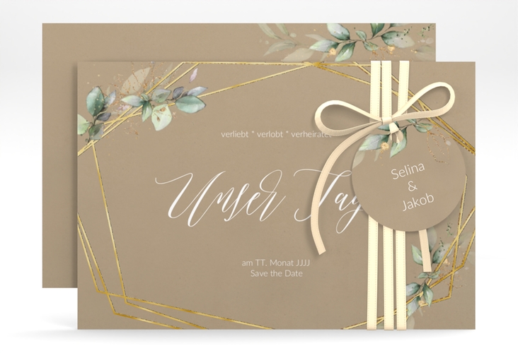 Save the Date-Karte Greenish A6 Karte quer Kraftpapier gold