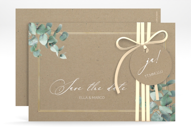Save the Date-Karte Eucalypt A6 Karte quer Kraftpapier gold mit Eukalyptus und edlem Rahmen