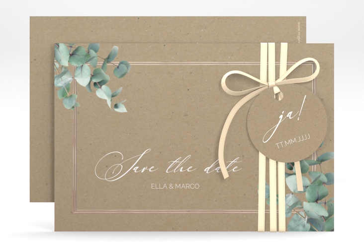 Save the Date-Karte Eucalypt A6 Karte quer Kraftpapier rosegold mit Eukalyptus und edlem Rahmen