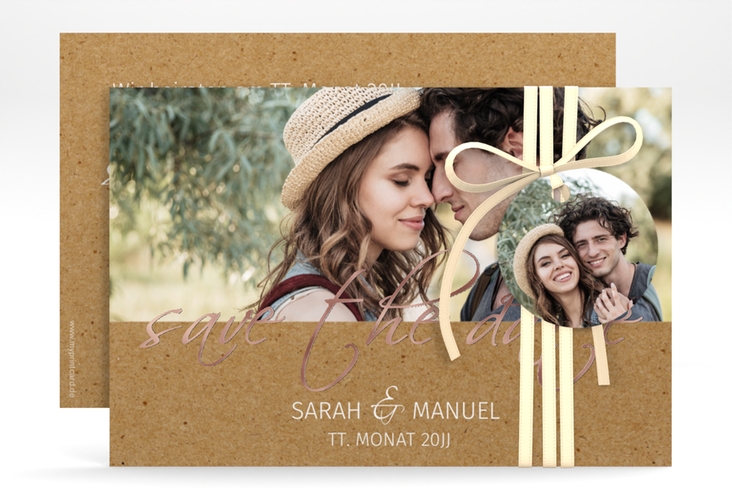 Save the Date-Karte Big Picture A6 Karte quer Kraftpapier rosegold mit Foto des Brautpaars