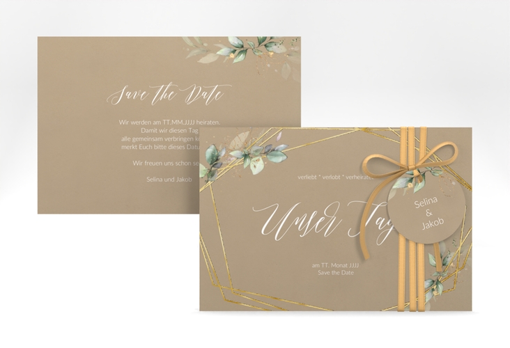 Save the Date-Karte Greenish A6 Karte quer Kraftpapier gold