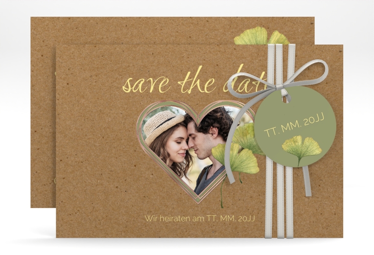 Save the Date-Karte Ginko A6 Karte quer Kraftpapier rosegold mit Herz und zwei Ginkgo-Blättern