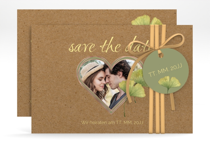 Save the Date-Karte Ginko A6 Karte quer Kraftpapier rosegold mit Herz und zwei Ginkgo-Blättern