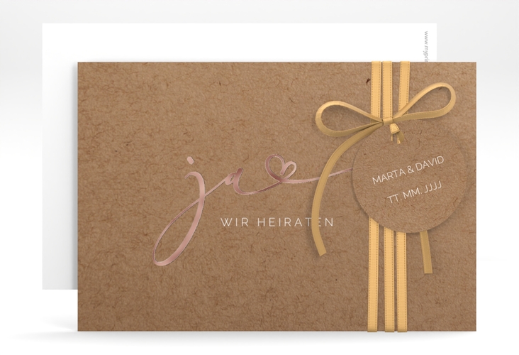 Save the Date-Karte Jawort A6 Karte quer Kraftpapier rosegold modern minimalistisch mit veredelter Aufschrift