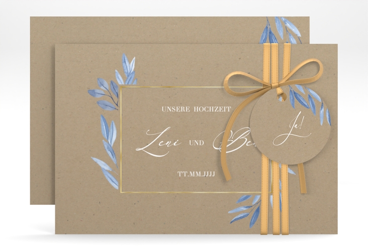 Save the Date-Karte Classicblue A6 Karte quer Kraftpapier gold