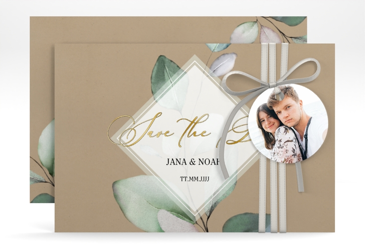Save the Date-Karte Foglia A6 Karte quer Kraftpapier gold edel mit Eukalyptus im Aquarell-Design