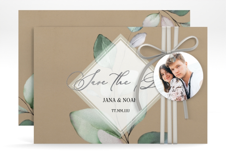 Save the Date-Karte Foglia A6 Karte quer Kraftpapier silber edel mit Eukalyptus im Aquarell-Design
