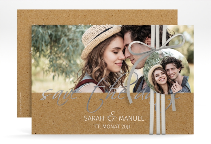 Save the Date-Karte Big Picture A6 Karte quer Kraftpapier silber mit Foto des Brautpaars