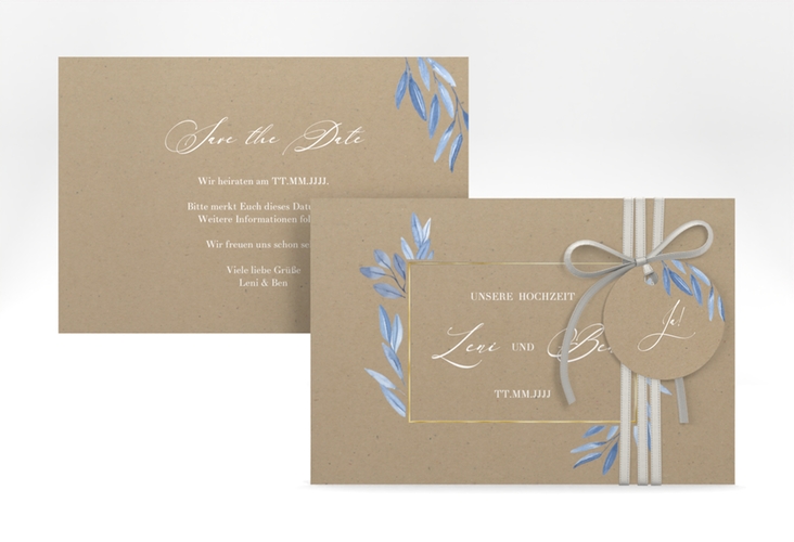 Save the Date-Karte Classicblue A6 Karte quer Kraftpapier gold