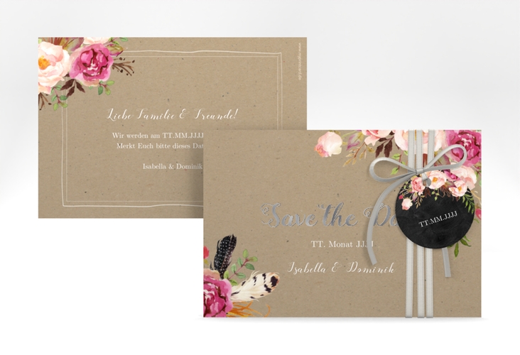 Save the Date-Karte Flowers A6 Karte quer Kraftpapier silber mit bunten Aquarell-Blumen