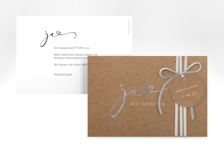 Save the Date-Karte Jawort A6 Karte quer Kraftpapier silber modern minimalistisch mit veredelter Aufschrift