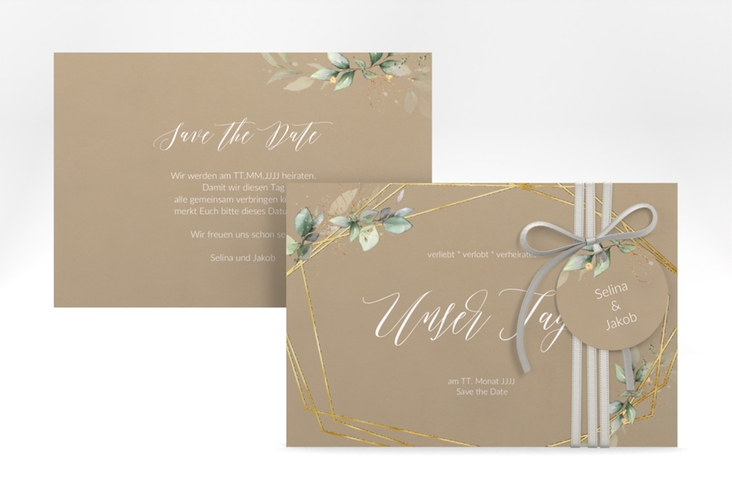 Save the Date-Karte Greenish A6 Karte quer Kraftpapier gold