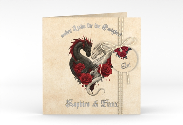 Hochzeitseinladung Drachenliebe quadr. Klappkarte silber mit schwarzem und weißem Drachen zu einem Herz verschlungen