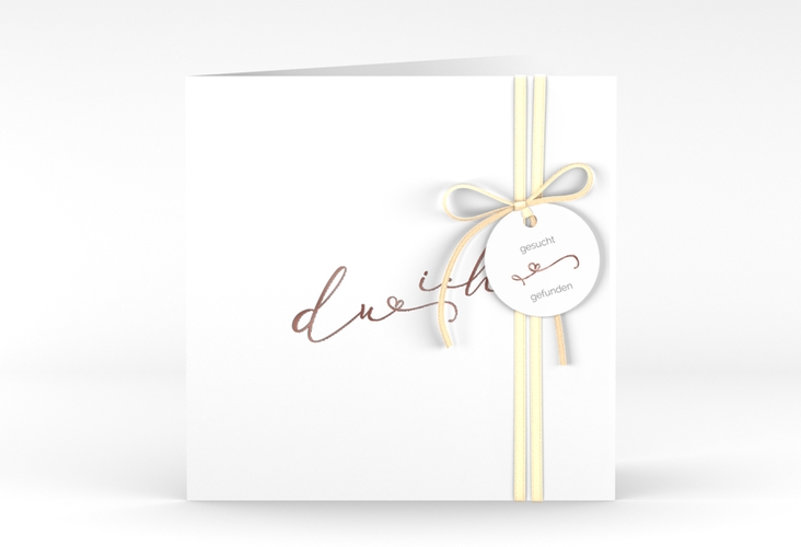 Hochzeitseinladung Zweisamkeit quadr. Klappkarte rosegold im minimalistischen Stil mit Aufschrift du & ich
