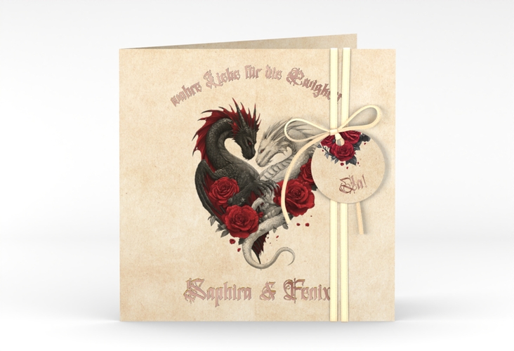 Hochzeitseinladung Drachenliebe quadr. Klappkarte rosegold mit schwarzem und weißem Drachen zu einem Herz verschlungen
