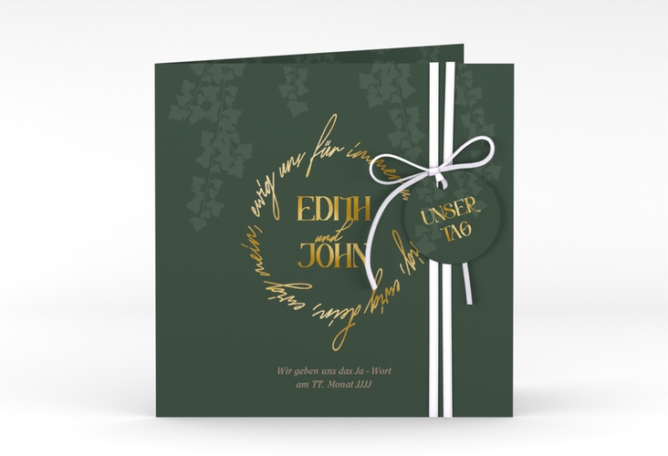 Hochzeitseinladung Efeugrün quadr. Klappkarte gold im Fantasy-Elfen-Design mit Efeu