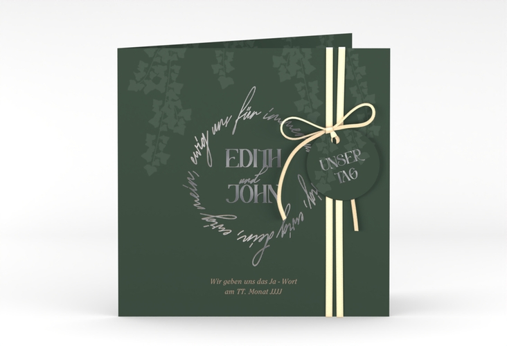 Hochzeitseinladung Efeugrün quadr. Klappkarte silber im Fantasy-Elfen-Design mit Efeu